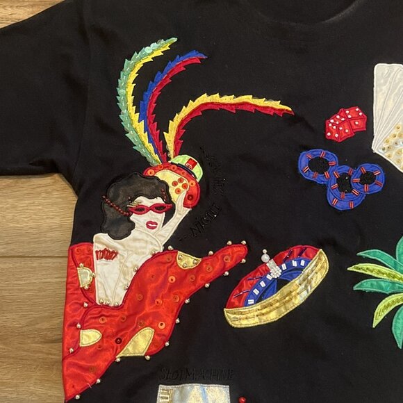 Vintage Casino Embroidered T Shirt SZ Large Gambling Beaded Sequin Black Tee y2k - Picture 4 of 10